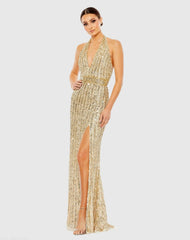 Gold Sequined Halter Strap Trumpet Gown
