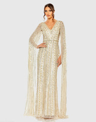 Beige and Silver Sequined V-Neck Gown with Cape Sleeves