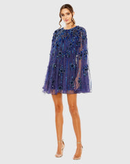 Blue High Neck Embellished Trapeze Dress