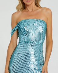 Blue One Shoulder Mesh Sequin Gown With Slit