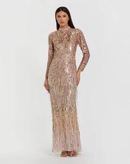 Pink Long Sleeve Fringe Embellished Column Gown