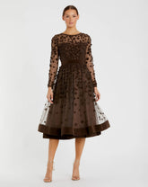 Brown Embellished Illusion High Neck Long Sleeve Fit & Flare Dress