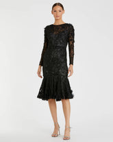 Black Floral Appliqué Long Sleeve Cocktail Dress