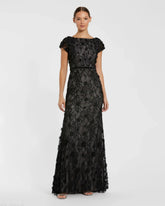 Black Floral Applique Boat Neck Cap Sleeve Gown