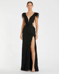 Black Feather Cap Sleeve Lace Gown
