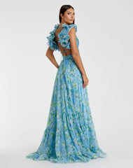 Blue Ruffle Tiered Floral Cut-Out Chiffon Gown