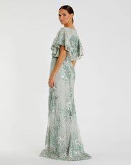 Green Bell Sleeve Floral Embellished Gown