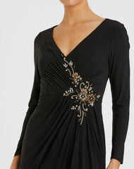 Black Faux Wrap Long Sleeve Evening Gown with Appliqué Detail
