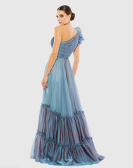 Blue Organza One Shoulder Pleated Gown