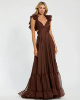 Brown Ruffle Tiered Cut-Out Chiffon Gown