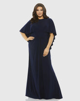 Navy Jersey Cape Sleeve A Line Gown (Plus)