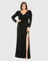 Black Embellished Long Sleeve Faux Wrap Gown (Plus)