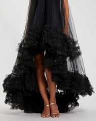 Black Tulle High Neck Sleeveless Ruffled Hem Hi-Low Gown