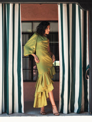 Green Charmeuse One Sleeve Ruffled Asymmetrical Gown