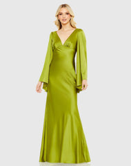 Green Charmeuse Bell Sleeve Empire Waist Gown