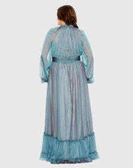 Blue Puff Sleeve w/ Embellished Cuff Mock Neck A Line Gown