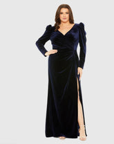Navy Long Sleeve Velvet Gown with Slit (Plus)