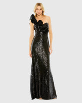 Black Sequin Ruffled One Shoulder Gown