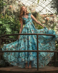 Blue Chiffon V-Neck Sleeveless Cut-Out Lace Up Back Gown