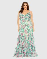 Green Floral Printed Tiered Ruched Gown