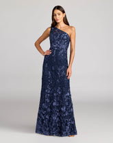 Navy One Shoulder Floral Embroidered Gown
