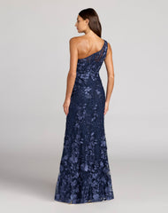 Navy One Shoulder Floral Embroidered Gown