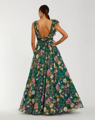 Green Sleeveless V-Neck Floral Chiffon Ruffle Ball Gown