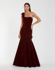 Dark Red Velvet One Shoulder Trumpet Gown With Flowers