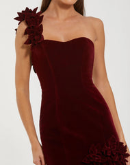 Dark Red Velvet One Shoulder Trumpet Gown With Flowers