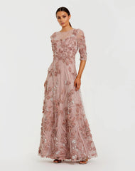 High Neck Embellished Lace Gown with 3/4 Sleeves