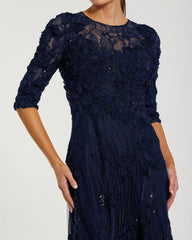Navy High Neck Embellished Lace Gown with 3/4 Sleeves