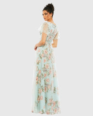 Blue Floral Flutter Sleeve V-Neck Maxi Dress