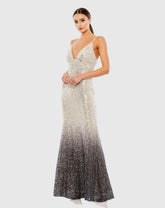 Gray Plunge Neck Ombre Sequin Gown