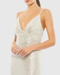 Gray Plunge Neck Ombre Sequin Gown