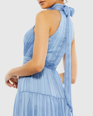 Blue Tie Neck Tiered Halter Gown