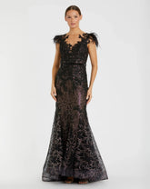 Black Embellished Feather Cap Sleeve Illusion Neck Trumpet Gown