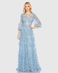 Blue Embroidered Puff Sleeve A-Line Gown
