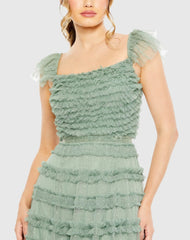 Green Ruffle Cap Sleeve Tiered Ruffle Gown