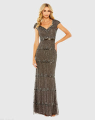 Brown Sequin Cap Sleeve Sweetheart Column Gown