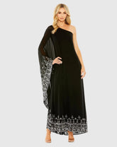 Black One Shoulder Embellished Trapeze Gown