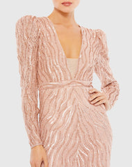 Pink Beaded Puff Sleeve Trumpet Evening Gown