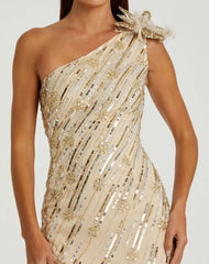 Gold Embellished Floral Detail One Shoulder Gown