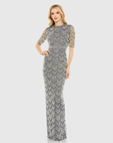 Gray Beaded Fringe Quarter Sleeve Column Gown