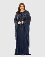Navy Embellished Long Sleeve Trapeze Gown
