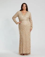 Beige Embellished Fringe Long Sleeve Gown (Plus)
