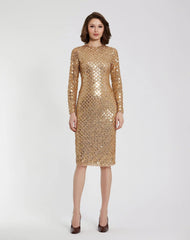 Gold Beaded Georgette Long Sleeve Fitted Midi Dress