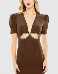 Brown Plunge Neck Puff Sleeve Cut Out Gown - FINAL SALE