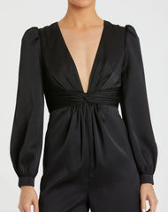Black Front Twist Puff Sleeve Deep V Jumpsuit
