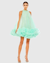 Green High Neck Gathered Tulle A-Line Swing Dress