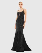 Black Embroidered Sleeveless Plunge Neck Trumpet Gown